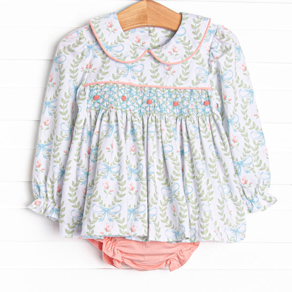Bows and Bouquets Smocked Diaper Set, Pink