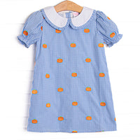 Gingham Gourd Embroidered Dress, Blue Gingham