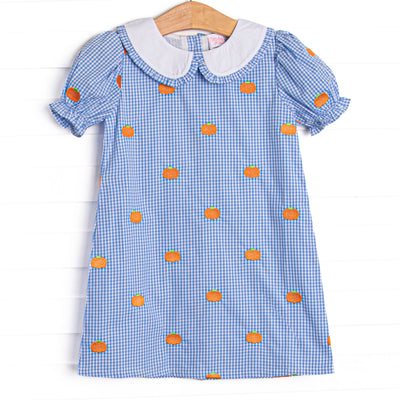 Gingham Gourd Embroidered Dress, Blue Gingham