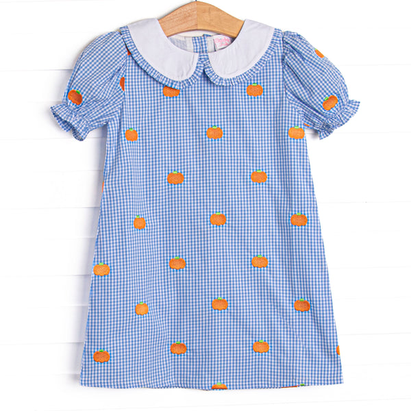 Gingham Gourd Embroidered Dress, Blue Gingham