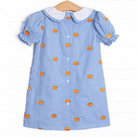 Gingham Gourd Embroidered Dress, Blue Gingham