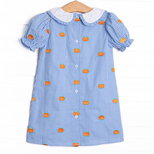 Gingham Gourd Embroidered Dress, Blue Gingham