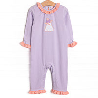 Little Boo Thing Applique Ruffle Romper, Purple
