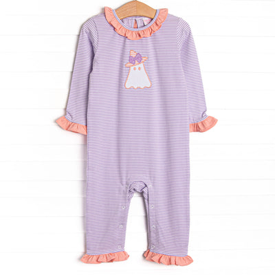 Little Boo Thing Applique Ruffle Romper, Purple