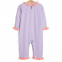 Little Boo Thing Applique Ruffle Romper, Purple