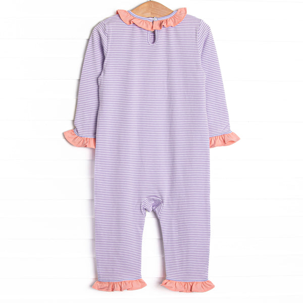 Little Boo Thing Applique Ruffle Romper, Purple