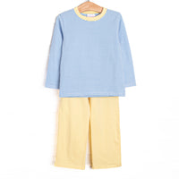 This set features Medium blue stripe knit fabric, long sleeves, and yellow trim. Coordinating yellow pants to match.