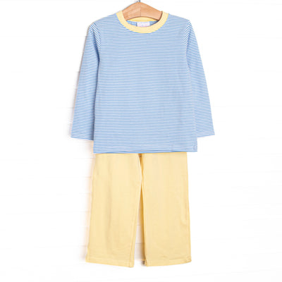 This set features Medium blue stripe knit fabric, long sleeves, and yellow trim. Coordinating yellow pants to match.