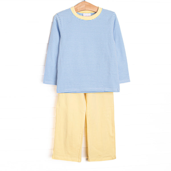 This set features Medium blue stripe knit fabric, long sleeves, and yellow trim. Coordinating yellow pants to match.