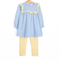  The set features soft knit material, sweet medium blue stripes, and coordinating yellow leggings to match. 