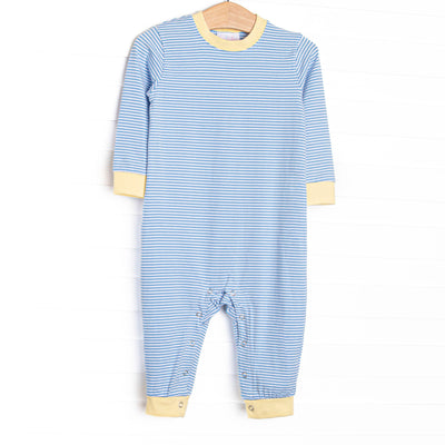 The Romper features long sleeves, snaps in the stride to make changing a breeze, and soft knit material.