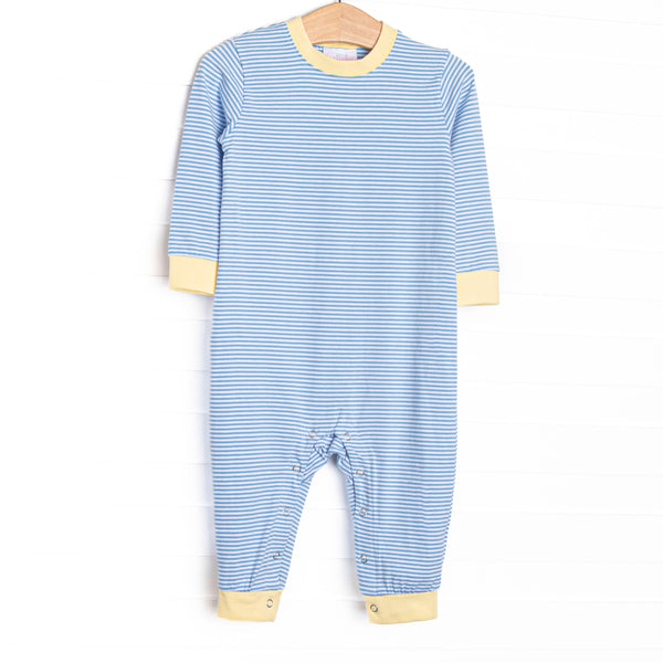 The Romper features long sleeves, snaps in the stride to make changing a breeze, and soft knit material.