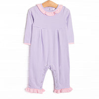 This romper features soft knit material, sweet purple stripes, and snaps in the stride to make changing a breeze. 