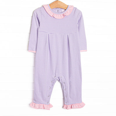  This romper features soft knit material, sweet purple stripes, and snaps in the stride to make changing a breeze. 
