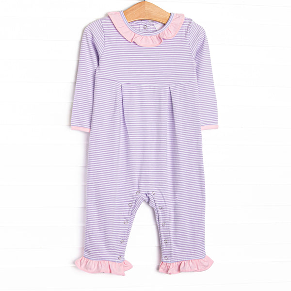  This romper features soft knit material, sweet purple stripes, and snaps in the stride to make changing a breeze. 