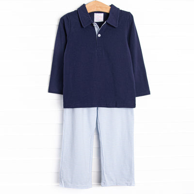 The set features soft knit material, a navy blue polo long sleeve top and coordinating blue striped pants.