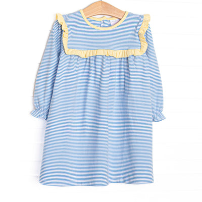 Featured here in medium blue stripes and with yellow ruffle trim! 