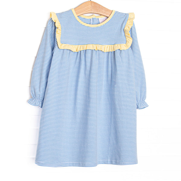 Featured here in medium blue stripes and with yellow ruffle trim! 