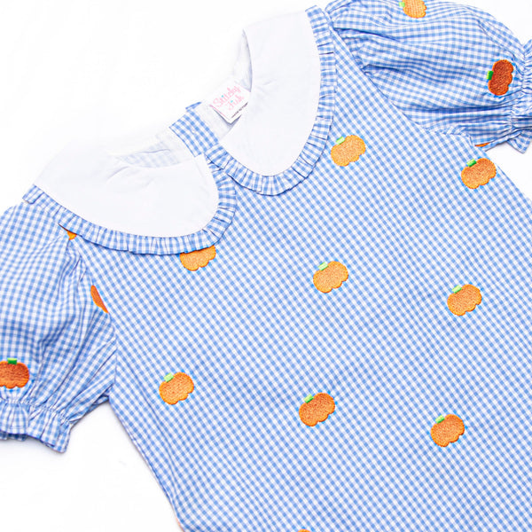 Gingham Gourd Embroidered Dress, Blue Gingham