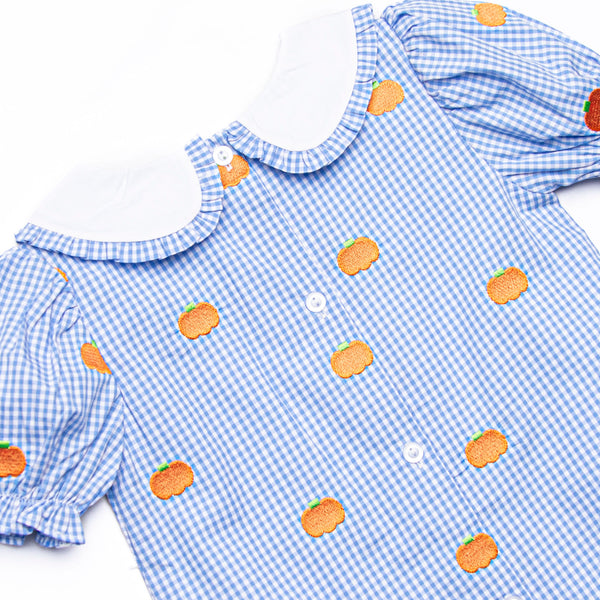 Gingham Gourd Embroidered Dress, Blue Gingham