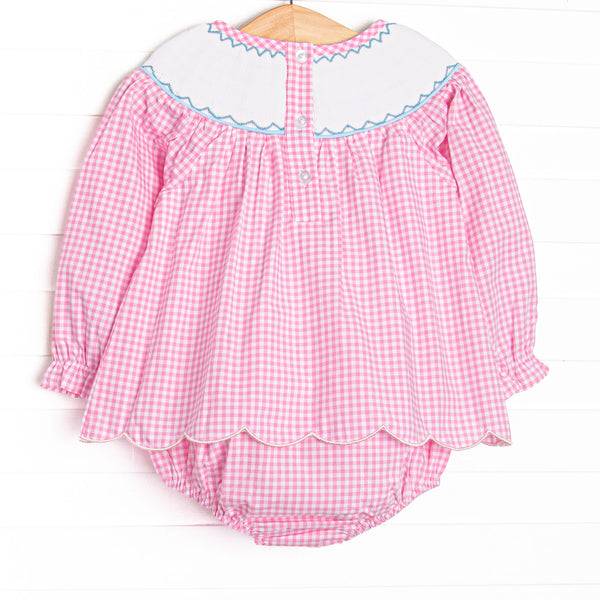 Here Comes the Sunflower Smocked Skirted Bubble, Pink
