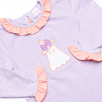 Little Boo Thing Applique Ruffle Romper, Purple