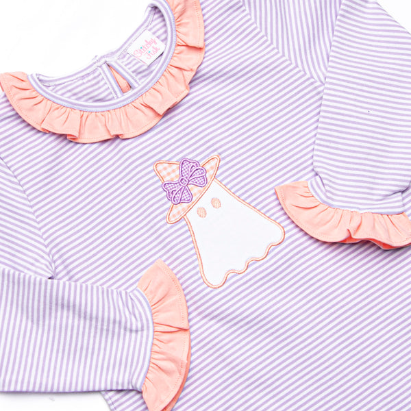 Little Boo Thing Applique Ruffle Romper, Purple
