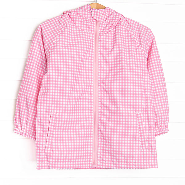 This jacket features pink gingham waterproof material, a full-length zipper, front pockets, and a hood to keep your little one dry.