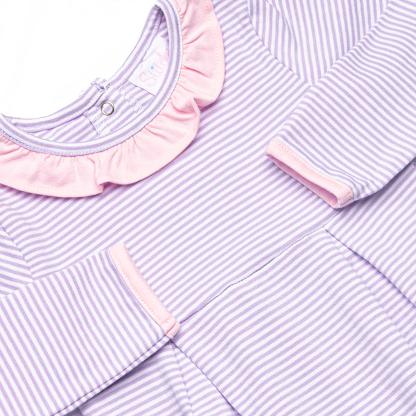 Lexie Ruffle Romper, Light Pink and Purple Stripe