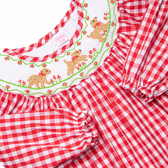 Chasing Tails Smocked Girl Romper, Red Check