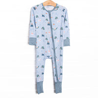This zippy is made of the extremely soft, stretchy bamboo viscose fabric that feels like butter. With fold over cuffs at the feet so it can be worn as a romper or a zippy, a double zipper for easier diaper changes, and a camping puppy print 