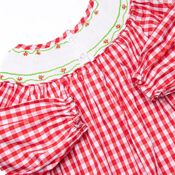 Chasing Tails Smocked Girl Romper, Red Check