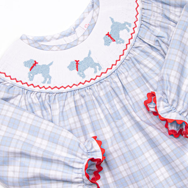 Plaid Pals Smocked Girl Bubble, Blue and Tan Plaid