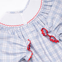 Plaid Pals Smocked Girl Bubble, Blue and Tan Plaid