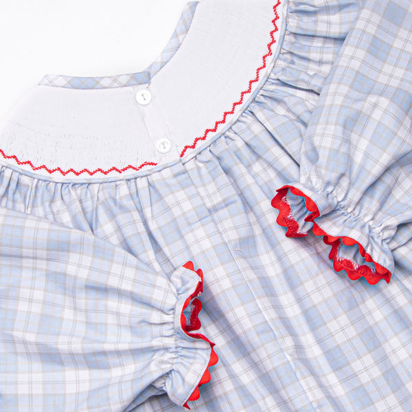 Plaid Pals Smocked Girl Bubble, Blue and Tan Plaid