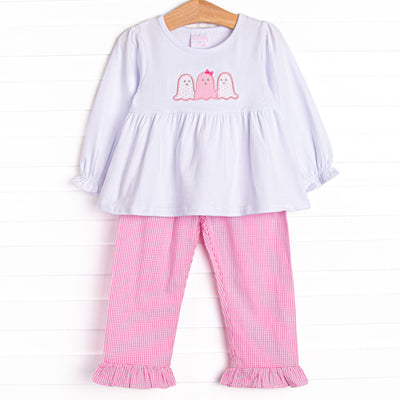 This set features a long sleeve top with a ruffle trim and trio of ghosts applique. Coordinating pink gingham ruffle pants to match.