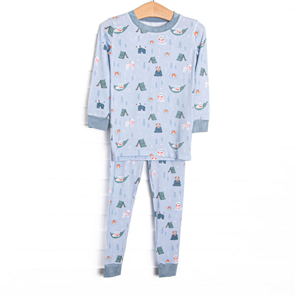  This set is made of the extremely soft, stretchy bamboo viscose fabric that feels like butter and features a camping puppy print. 