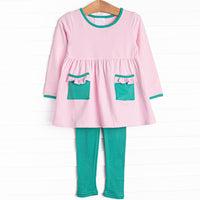 The set features soft knit material, sweet light pink stripes, and coordinating green leggings to match.