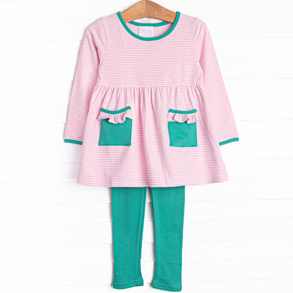 The set features soft knit material, sweet light pink stripes, and coordinating green leggings to match.