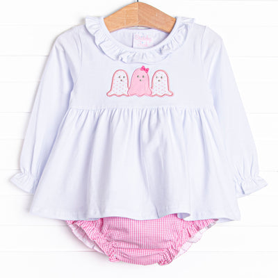 This set features a long sleeve top with a ruffle collar and trio of ghosts applique. Coordinating pink gingham diaper cover to match.