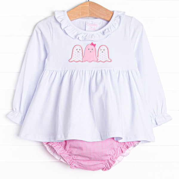 This set features a long sleeve top with a ruffle collar and trio of ghosts applique. Coordinating pink gingham diaper cover to match.