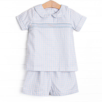 Bleu: Theodore Smocked Short Set, Blue Plaid