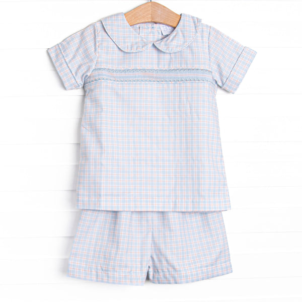 Bleu: Theodore Smocked Short Set, Blue Plaid