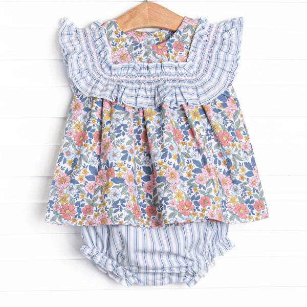 Bleu: Madeline Smocked Diaper Set, Blue