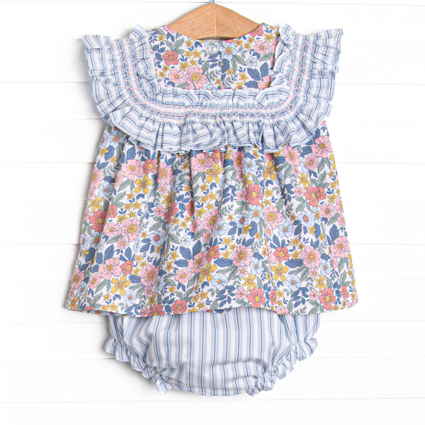 Bleu: Madeline Smocked Diaper Set, Blue