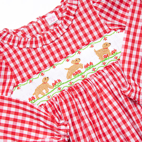 Chasing Tails Smocked Dress, Red Check