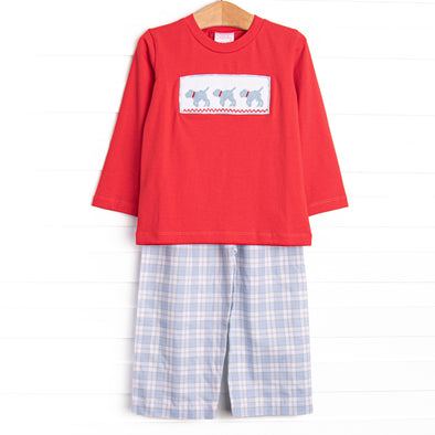 Plaid Pals Smocked Pant Set, Blue and Tan Plaid