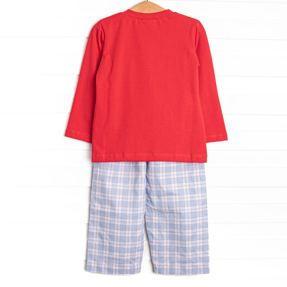 Plaid Pals Smocked Pant Set, Blue and Tan Plaid
