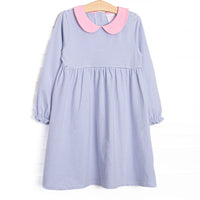  The Erin Long Sleeve Dress is featured in Periwinkle&nbsp; striped print, long sleeves. and a pink peter pan collar. 