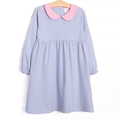  The Erin Long Sleeve Dress is featured in Periwinkle&nbsp; striped print, long sleeves. and a pink peter pan collar. 